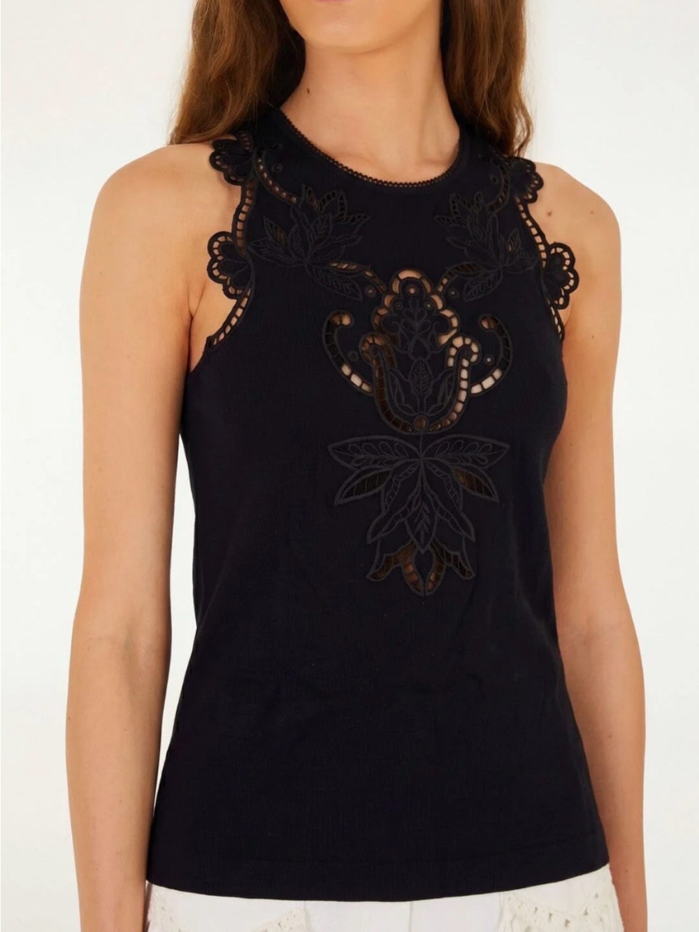 NWT FARM Rio Black Lace Richelieu Organic Cotton Sleeveless Blouse Tank Top L